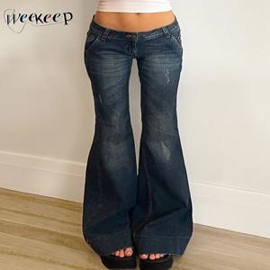 Weekeep streetwear 로우 라이즈 플레어 청바지 y2k 빈티지 슬림 피팅 올 매치 블루 데님 바지 2000년대 캐주얼 여성 청바지 하라주쿠