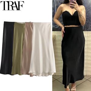 TRAF 2024 여성용 새틴 스커트 여성용 하이 웨스트 블랙 롱 스커트 여름 우아한 여성 스커트 캐주얼 오프 화이트 브라운 스커트