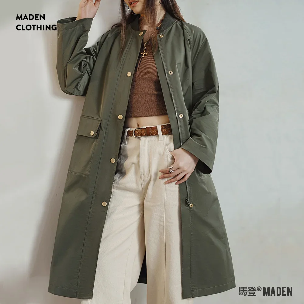 Maden 레트로 올리브 그린 중간 길이 트렌치 코트, 플랩 포켓 포함, 루즈핏 다용도 스플라이스 코트, 용수철 가을