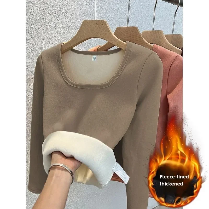 겨울 여성 열 속옷 탑 스퀘어 칼라 양털 기본 풀오버 가을 Crewneck 탑 캐주얼 열 셔츠 여성