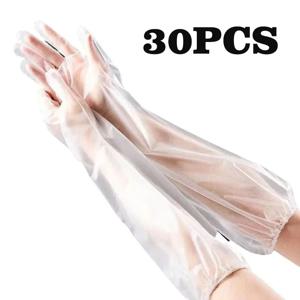 30PCS 일회용 팔 보호대 장갑 주방 가정용 청소 방수 탄성 Drawstring 길어진 CPE 긴 팔 장갑