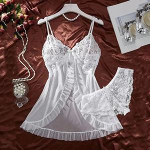 Tulle 울트라 섹시한 잠옷 v 넥 브래지어 오픈 수면 스커트 나이트 에로 드레스 여성 쉬어 잠옷 란제리 바지 럭셔리 키트 세트