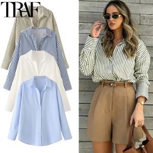 TRAF 2025 여성 블라우스 긴 스트라이프 셔츠 여성 봄 여름 긴 소매 파란색 흰색 셔츠 여성 대형 탑 버튼 업 셔츠