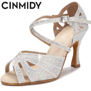 CINMIDY 라인 석 라틴 댄스 신발 탱고 볼룸 댄스 신발 숙녀 하이힐 부드러운 단독 여성 샌들 결혼식 신발 여성