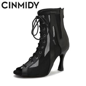 CINMIDY 블랙 가죽 댄스 부츠 볼룸 댄스 신발 라틴 댄스 신발 여성 폴 댄스 부츠 살사 탱고 숙녀 파티 신발