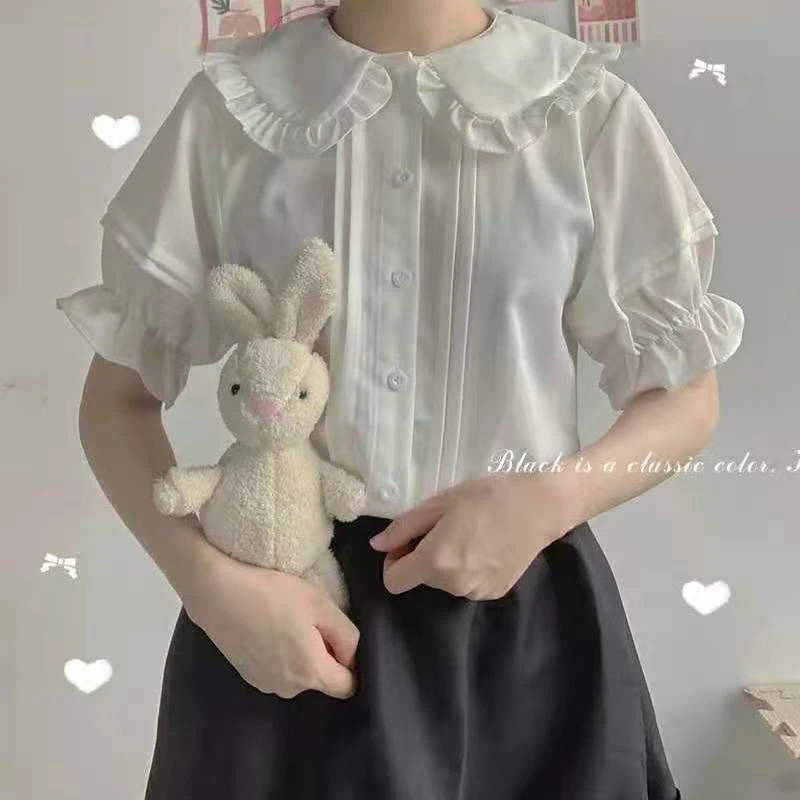 Zoki 일본 스위트 여성 블라우스 로리타 스타일 화이트 카와이 피터팬 칼라 Jk 셔츠 귀여운 프레피 프릴 퍼프 반소매상의