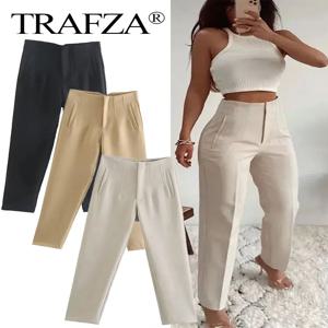 TRAFZA 2024 여성 솔리드 바지 하이 웨이스트 슬림 지퍼 플라이 롱 바지 여성 야생 통근 사무실 레이디 여성 연필 바지 스트리트