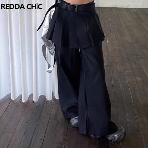REDDACHIC 여성용 플리츠 스커트 오버레이 세트 바지, 캐주얼 루즈 클린핏, 블랙 플레인 와이드 레그 롱 팬츠, 포멀 의류