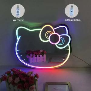 키티 고양이 LED 네온 거울 애니메이션 핑크 고양이 네온 사인 벽 마운트 메이크업 거울 APP 제어 디밍이 가능한 뷰티 샵 스튜디오 장식