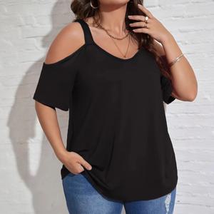 5XL 플러스 사이즈 T 셔츠 2025 여름 여성 반팔 섹시한 오프 숄더 루즈 셔츠 캐주얼 v 넥 기본 솔리드 컬러 블랙 탑
