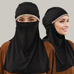 이슬람 Niqab 여성 반짝 이는 라인 석 체인 인스턴트 Hijab 전체 커버 얼굴 이슬람 라마단 Turban Khimar 부드러운 목화 대마 얼굴 베일
