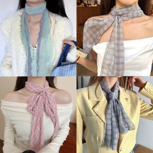 넥 스트랩 격자 무늬 긴 실크 얇은 Neckerchief 여행 사진 소품 여성 뷰티 스카프 한국 패션 헤어 밴드 도트 스카프 한국 패션 시리즈
