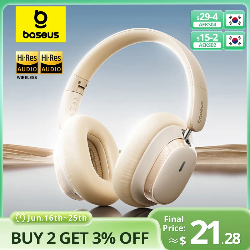 Baseus Bowie H1s 무선 헤드폰 Bluetooth 5.4 소음 차단 46dB 오버 이어 헤드셋 고해상도 공간 오디오 이어폰 120H 시간