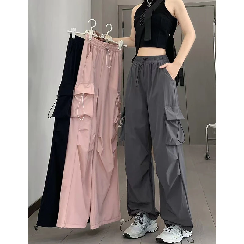 아메리칸 스타일 퀵 드라이 작업 바지 여성 여름 얇은 큰 사이즈 뚱뚱한 MM 슬림 루즈핏 바지 캐주얼 와이드 레그 롱 팬츠
