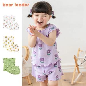 Bear Leader 여름 새 잠옷 아기 소녀 옷 3-7 세 꽃 프린트 반팔 탑 + 반바지 귀여운 어린이 세트