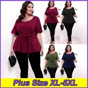 여성 플러스 사이즈 티셔츠 심플 단색 라운드넥 탑 XL-5XL 타이업 슬리밍 티셔츠 여성 여름 얇고 통기성 좋은 옷