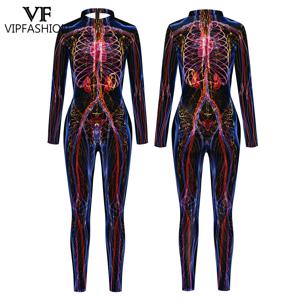VIP 패션 할로윈 인체 해부학 인쇄 바디 슈트 탄성 Edgy Science Jumpsuit 성인 멋진 파티 의상 변장 Zentai Suit