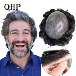 뜨거운 판매 Toupee 가발 남성용 인간의 머리카락 0.12-0.14mm 피부 머리 보철물 남자 6 
