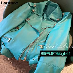 Lautaro 여성용 PU 가죽 바이커 재킷, 지퍼, 긴팔, 럭셔리 디자이너, 스트리트웨어, 패션 2022, 봄, 가을, 멋진 밝은 녹색