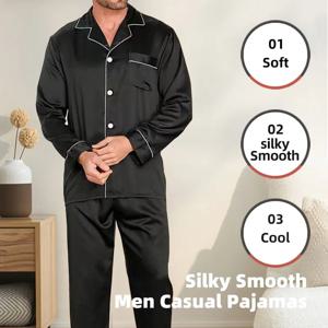 남성 얼음 실크 잠옷 잠옷 잠옷 세트 잠옷 블랙 블루 L XXL 3XL 4XL 긴 소매 긴 바지 부드러운 솔리드 컬러