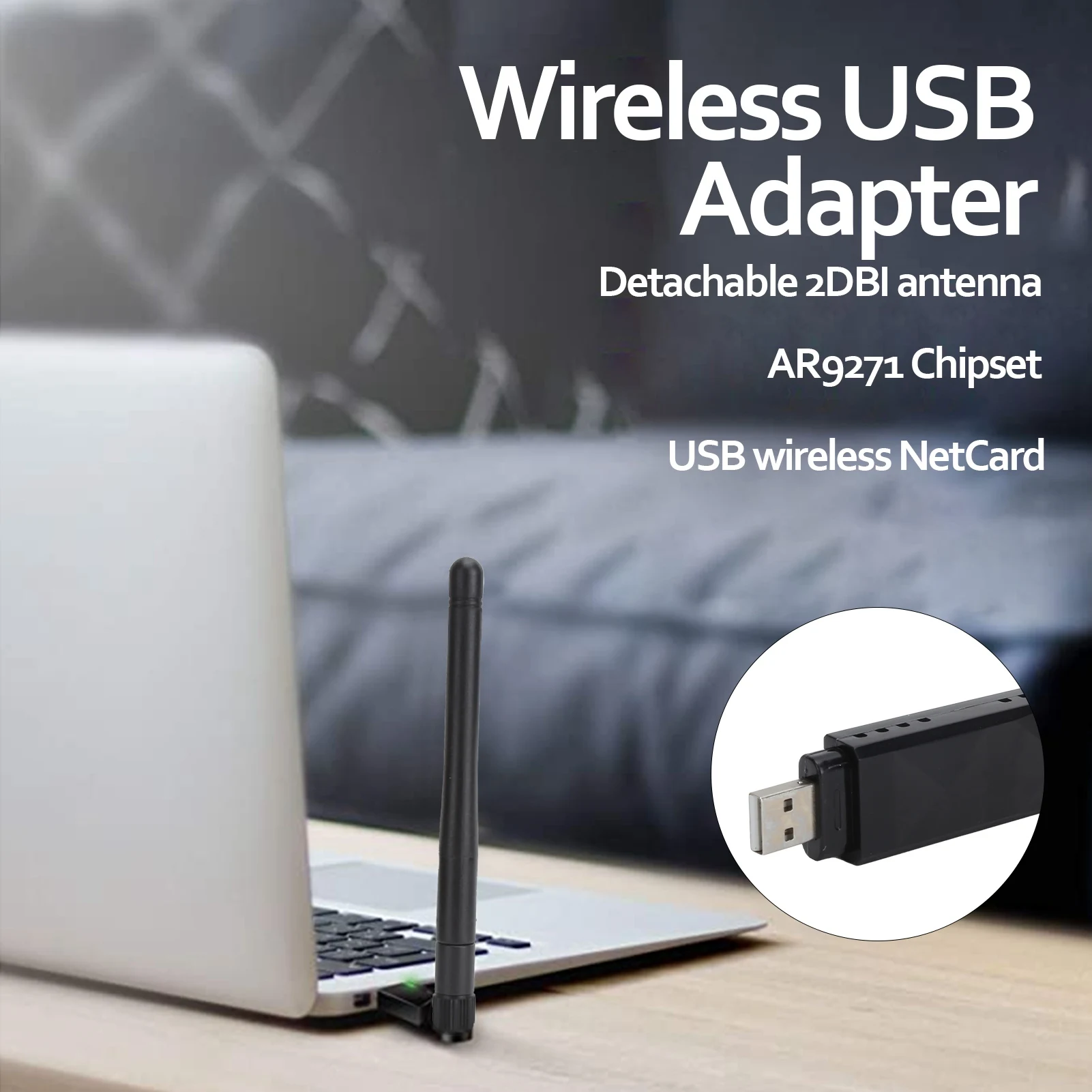 무선 NetCard AR9271 USB 와이파이 어댑터, TV 컴퓨터용 분리형 2DBI 안테나 어댑터