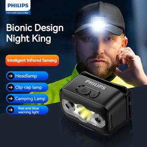 PHILIPS LED 헤드램프 센서 헤드 손전등, C 타입 충전식 헤드라이트, 야외 캠핑 낚시 랜턴, 10 가지 조명 유형