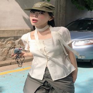 세련된 한국 스타일 여름 연령 감소 틈새 우아한 단순 다목적 빈티지 작은 하트 셔츠 여성 반팔 블라우스
