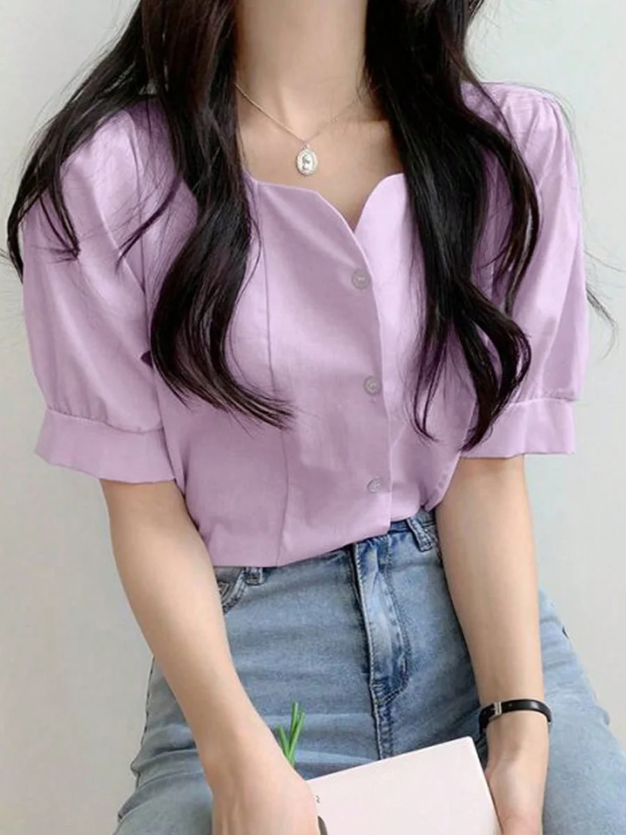 세련된 여름 부드러운 바람 스퀘어 칼라 오픈 카디건 반팔 느슨한 슬리밍 다목적 보라색 여성 셔츠 한국 스타일