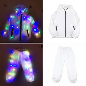글로우 댄스 의상 LED 자켓 LED 바지 빛나는 Led 코스프레 옷 소년 소녀 어린이 할로윈 의상 지퍼가 달린 포켓
