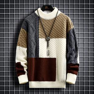 패션 남성 따뜻한 니트 스웨터 패치 워크 O 넥 니트 풀오버 가을 겨울 한국 streetwear 풀오버 캐주얼 남성 의류