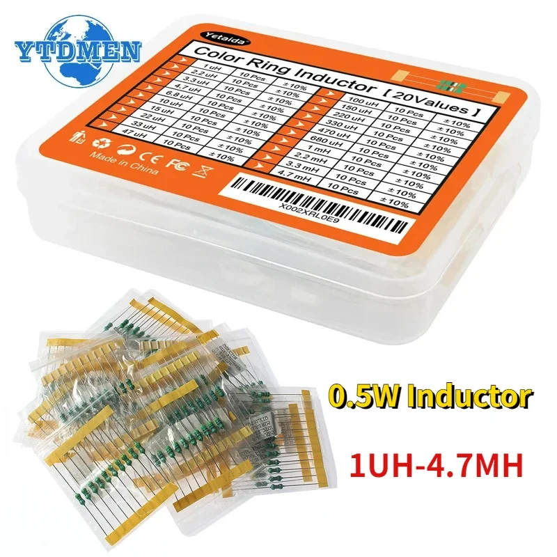 컬러 링 인덕터 모음 세트, 0.5W, 1UH-4.7MH, 20 값 * 10 개, 인덕터 모음 키트, 1UH, 4.7UH, 10UH, 100UH, 470UH, 200 개, 1/2W