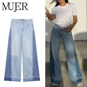MUJER 여성용 블루 배기 진, 와이드 레그 청바지, 하이웨이스트 데님 팬츠, 여성 캐주얼 트라우저 카고 청바지