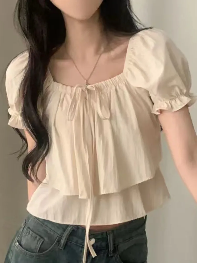 시크한 나비넥타이 더블 레이어 반소매 버블 슬리브 쉬폰 탑 한국 스타일 스퀘어 넥 레이스 셔츠 스위트 가운