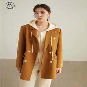 DUSHU 100% 양모 스트레이트 블레이저 2022 겨울 새로운 더블 브레스트 모직 자켓 경사 슬릿 양면 양모 정장