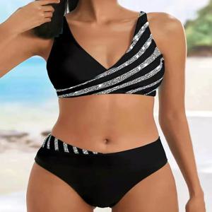 V 넥 비키니 세트 2024 여성 스트라이프 프린트 패치 워크 수영복 여름 비치웨어 수영복 여성 Bathers 수영복 수영복 2XL