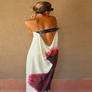 JULISSA MO 섹시한 Strapless 인쇄 꽃 벨트 여성 맥시 드레스 노란색 Backless 휴가 드레스 여름 느슨한 우아한 파티 Beachwear