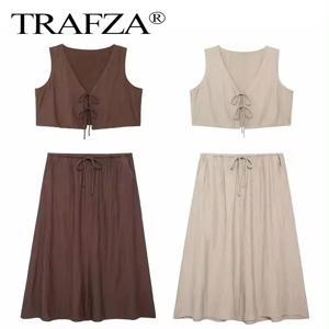 TRAFZA 여성용 빈티지 솔리드 스커트 세트, 활 레이스업 짧은 조끼 탑, 느슨한 드로스트링 미디 스커트, 여름 여성 스트리트웨어 복장