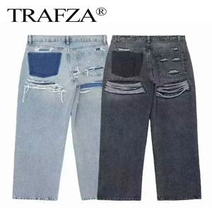 여성을위한 TRAFZA 청바지 패션 빈티지 구멍 장식 데님 바지 패치 워크 높은 허리 바지 Y2K 2024 하이 스트리트 레이디 청바지