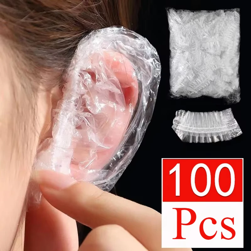 100PCS 일회용 머리 귀마개 염료 투명 탄성 샤워 머리 염색 보호 도구 방패 방수 이어 팩 플라스틱 랩