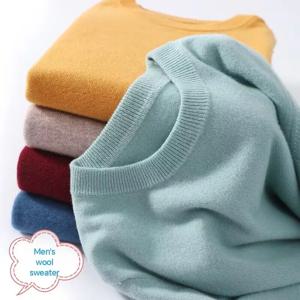 남성용 100% 울 스웨터, 라운드넥, 긴팔 후드, 루즈한 단색, 하이 엔드 니트 캐시미어 스웨터, 가을 및 겨울