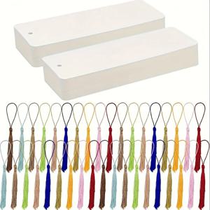 60Pcs (30 술과 30 책갈피) 손으로 그린 ​​빈 책갈피와 다채로운 술 - DIY 선물 공예 액세서리 만들기 종이 책갈피 흰색 골판지 손으로 그린 ​​책갈피 선물 포장 가방 교수형 도화지
