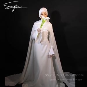 SSYTENS 맞춤형 무슬림 화이트 웨딩 드레스, 케이프 신부 원피스, 긴팔, 여성 신부, 시민 신부 가운