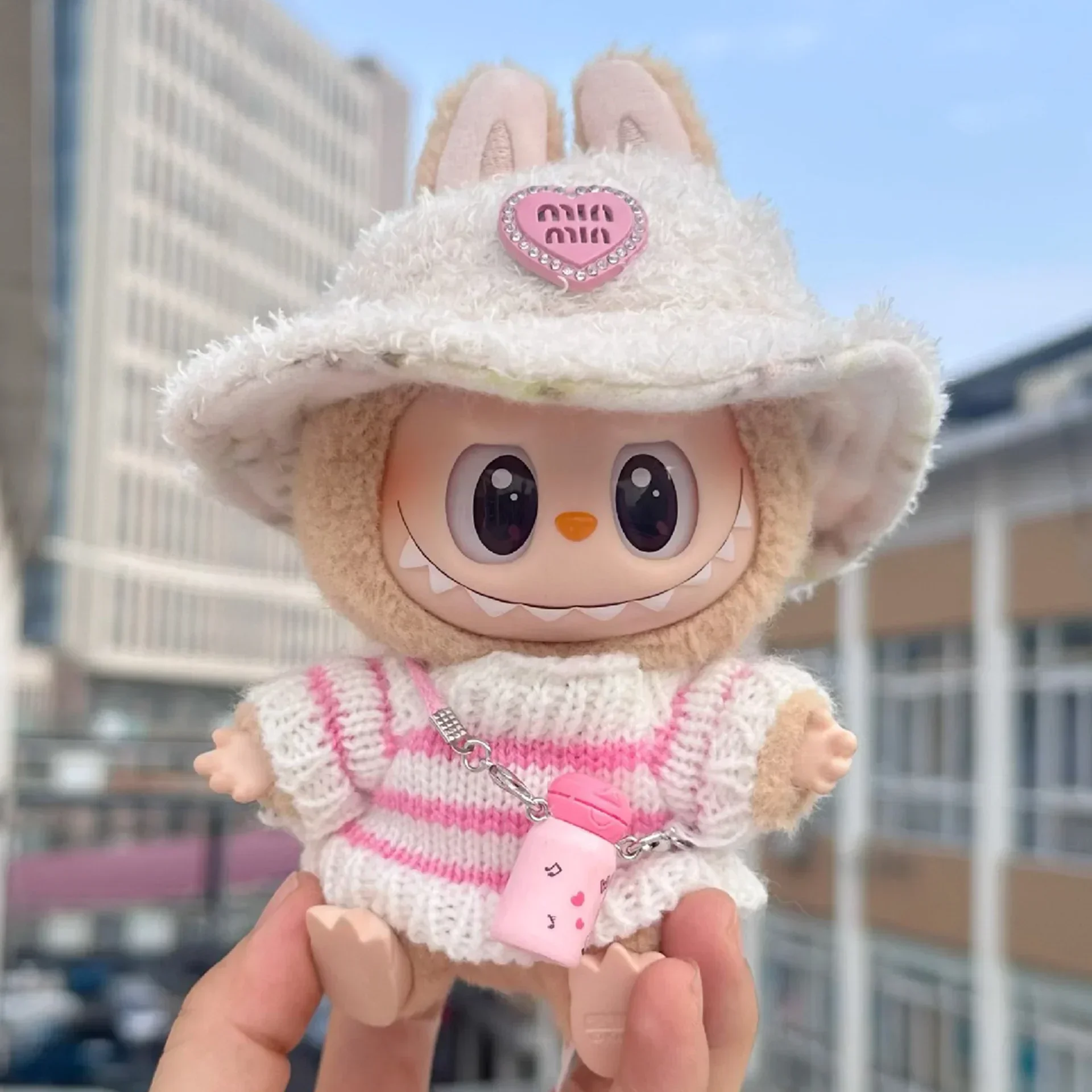 라부부 V1 V2 파티 핑크 흰색 줄무늬 스웨터 컵 의류, 아이돌 귀여운 인형 옷, 패션 스웨터 의상 액세서리, 앉아