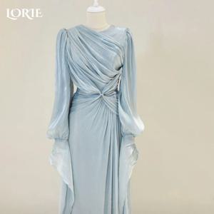 LORIE 겸손한 크레페 이브닝 드레스 플리츠 퍼프 긴 소매 바닥 길이 댄스 파티 드레스 Ruched Illsion 아라비아 파티 가운 맞춤형