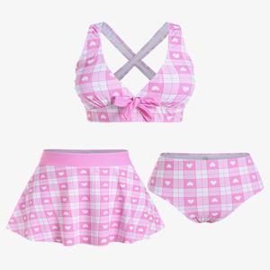 Rosegal 플러스 사이즈 발렌타인 하트 Bowknot Crisscross 패딩 3 피스 수영복 여성 Tankini 탑, 팬티 및 하이 웨이스트 입욕