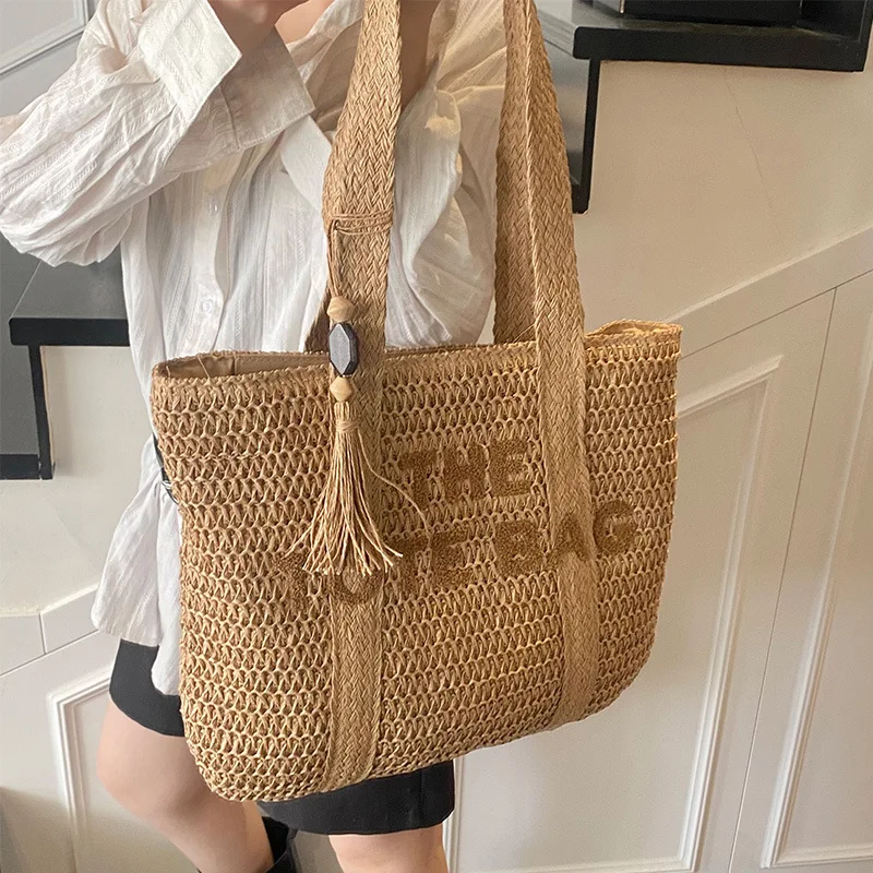여성용 프렌치 스타일 대용량 짠 밀짚 가방, 새로운 해변 휴가 숄더백, 캐주얼 통근 토트 백