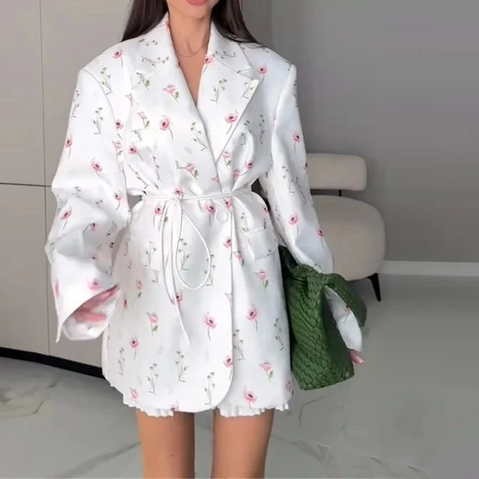 여성 2025 봄/여름 새로운 패션 프린트 루즈 슈트 칼라 벨트 허리 - 신칭 슈트 재킷