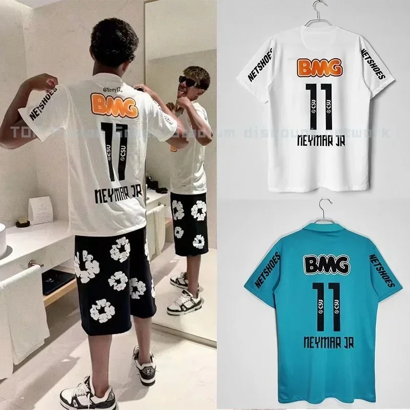 바실리카 산토스 저지 홈 Neymar No. 11 반팔 팬 버전 레트로 축구 유니폼 3D 인쇄 통기성 남성 티셔츠