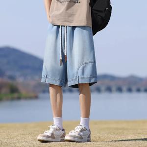 여름 쿨 남성 레트로 아메리칸 스트리트웨어 데님 반바지 역방향 디자인 루즈핏 드로스트링 허리 플러스 사이즈 카고 반바지 8XL