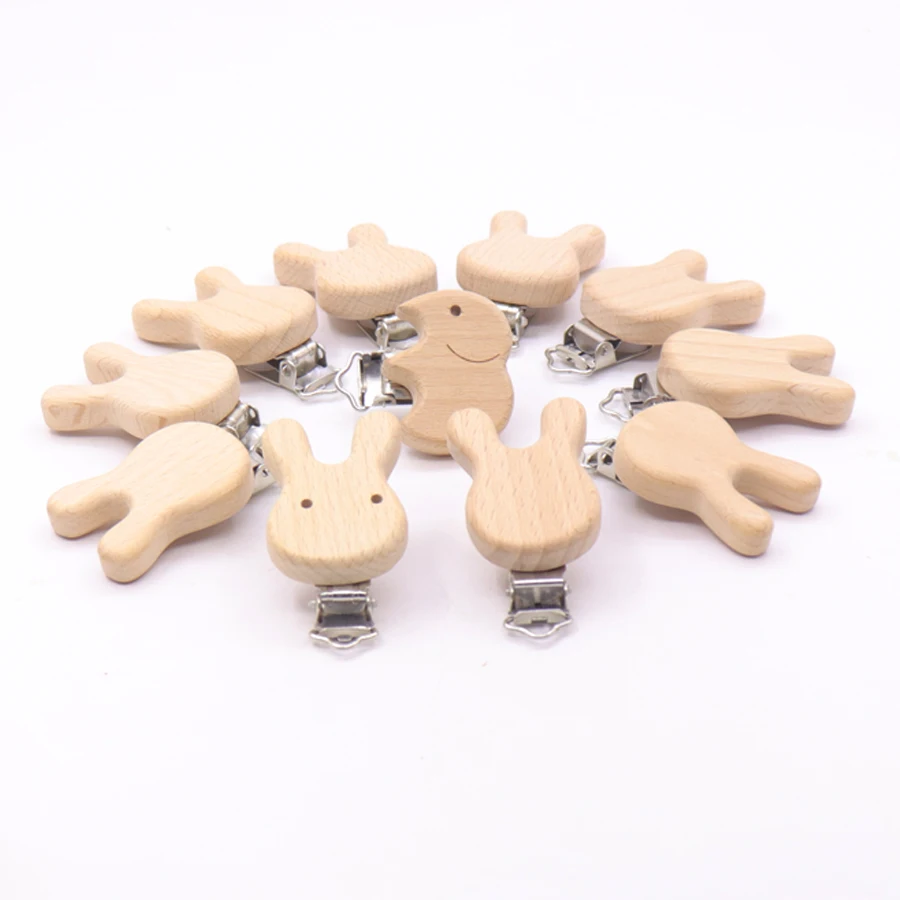 5PCS 나무 토끼 젖꼭지 클립 아기 액세서리 나무 동물 젖꼭지 금속 홀더 코끼리 젖꼭지 나무 아기 치아